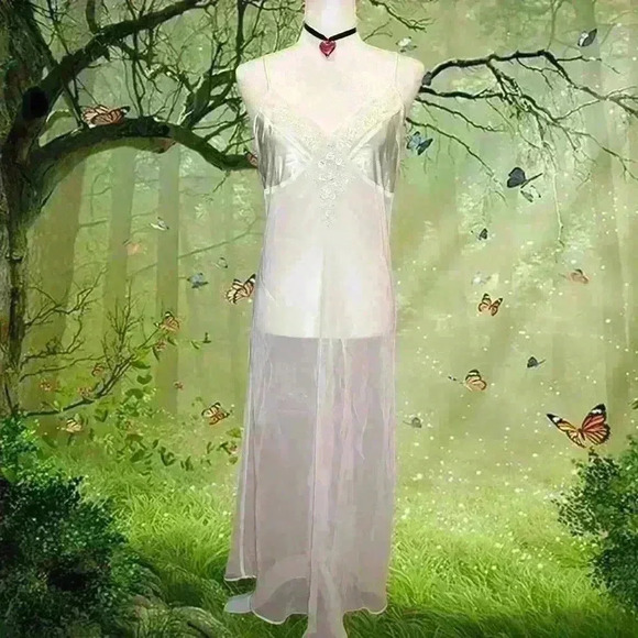 Y2K White Mesh/Satin Embroidered Maxi Slip Dress By Jones New York Size Large - Picture 1 of 9
